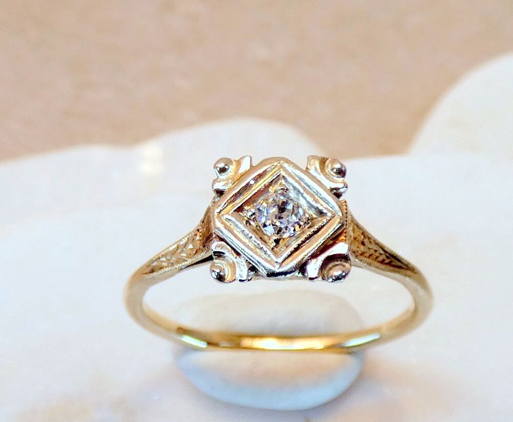 VTG Art Deco 14k Yellow Gold Natural White Sapphire Solitaire Engagement Ring  7